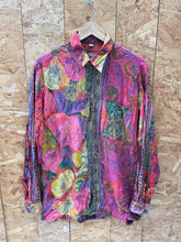 Vintage 90s bold fuschia pink green yellow floral crazy abstract pattern long sleeve rayon viscose s